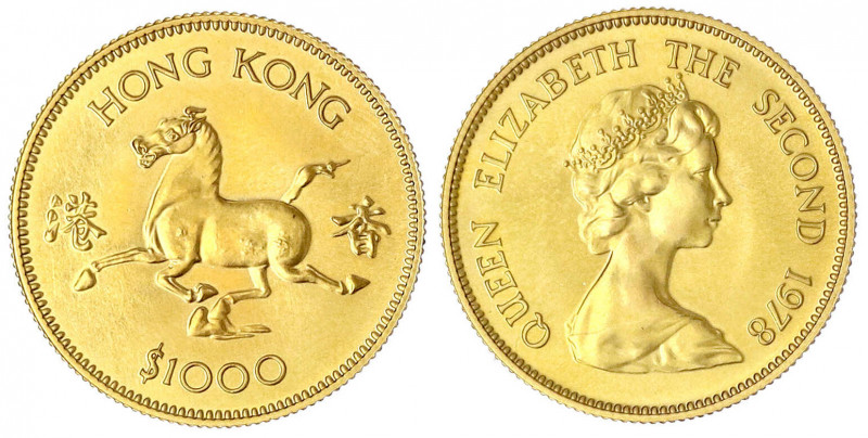 Hongkong
1000 Dollars 1978. Jahr des Pferdes. 15,98 g. 917/1000.
Stempelglanz....