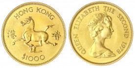 Hongkong
1000 Dollars 1978. Jahr des Pferdes. 15,98 g. 917/1000.
Stempelglanz. Krause/Mishler 44.