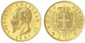 Italien- Königreich
Vittorio Emanuele II., 1861-1878
20 Lire 1865 T B. 6,45 g. 900/1000.
vorzüglich/Stempelglanz. Krause/Mishler 10.1. Friedberg 11...