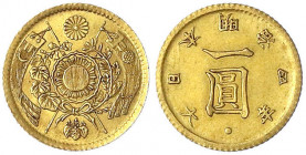 Japan
Mutsuhito (Meiji), 1867-1912
Yen Jahr 4 = 1871. 1,65 g.
vorzüglich/Stempelglanz. Yeoman 9.