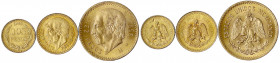 Mexiko
Republik, seit 1824
3 Stück: 2 und 2 1/2 Pesos 1945 und 10 Pesos 1959, Hidalgo. 1,66 g, 2,08 g und 8,33 g. 900/1000.
alle vorzüglich/Stempel...