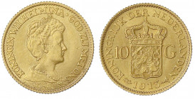 Niederlande
Wilhelmina, 1890-1948
10 Gulden 1913. 6,73 g. 900/1000.
fast Stempelglanz. Krause/Mishler 149. Friedberg 349.