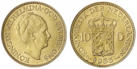 Niederlande
Wilhelmina, 1890-1948
10 Gulden 1933. 6,73 g. 900/1000.
prägefrisch. Krause/Mishler 162. Friedberg 351.