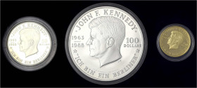 Niue
Selbständig, seit 1922
Münzenset Kennedy 1988. 250 Dollars Gold (10,32 g. 916/1000), 100 Dollars Silber (5 Unzen), 50 Dollars Silber (1 Unze). ...
