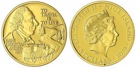 Niue
Selbständig, seit 1922
5 Dollars 2019. Hans Christian Andersen - Reisen ist Leben. 1/10 Unze fein. Aufl. 2000 Ex.
Polierte Platte