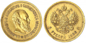 Russland
Alexander III., 1881-1894
5 Rubel 1886. 6,45 g. 900/1000.
gutes sehr schön, winz. Randfehler. Bitkin 24. Friedberg 116.