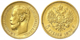 Russland
Nikolaus II., 1894-1917
5 Rubel 1898, St. Petersburg. 4,30 g. 900/1000.
vorzüglich. Bitkin 20. Friedberg 180.
