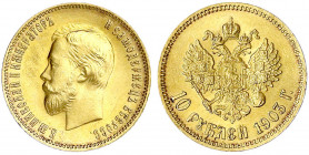 Russland
Nikolaus II., 1894-1917
10 Rubel 1903, St. Petersburg. 8,60 g. 900/1000.
vorzüglich/Stempelglanz. Bitkin 11. Friedberg 179.