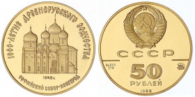 Russland
Sowjetunion (UdSSR), 1922-1991
50 Rubel 1988, Sophienkathedrale in Nowgorod. 1/4 Unze Feingold. In Kapsel.
Polierte Platte. Parch. 258.