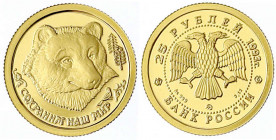 Russland
Russische Republik, seit 1991
25 Rubel 1993 Braunbär. 1/10 Unze Feingold. Auflage nur 2000 Ex.
Polierte Platte. Parchimowicz 1408.