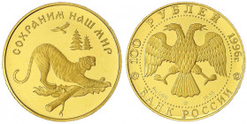 Russland
Russische Republik, seit 1991
100 Rubel 1996. Amur-Tiger. 1/2 Unze fein. Aufl. nur 1000 Exemplare.
Polierte Platte, kl. Kratzer, winz. Ran...