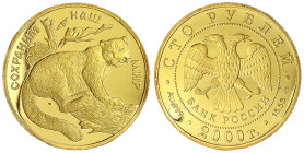 Russland
Russische Republik, seit 1991
100 Rubel 2000. Schneeleopard. 1/2 Unze fein. Aufl. nur 1000 Ex.
Polierte Platte, kl. Kratzer und Fleck. Par...