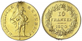 Schweiz
Helvetische Republik, 1798-1803
16 Franken 1800 B, Bern. 7,61 g.
sehr schön, Henkelspur. HMZ 2-1184.