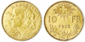 Schweiz
Eidgenossenschaft, seit 1850
10 Franken Vreneli 1912 B. 3,23 g. 900/1000.
vorzüglich. Divo/Tobler 294. Friedberg 504.