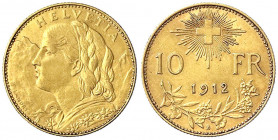 Schweiz
Eidgenossenschaft, seit 1850
10 Franken Vreneli 1912 B. 3,23 g. 900/1000.
sehr schön. Divo/Tobler 294. Friedberg 504.