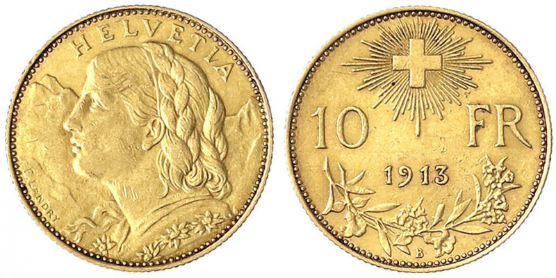 Schweiz
Eidgenossenschaft, seit 1850
10 Franken Vreneli 1913 B. 3,23 g. 900/10...