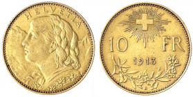 Schweiz
Eidgenossenschaft, seit 1850
10 Franken Vreneli 1913 B. 3,23 g. 900/1000.
sehr schön. Divo/Tobler 294. Friedberg 504.