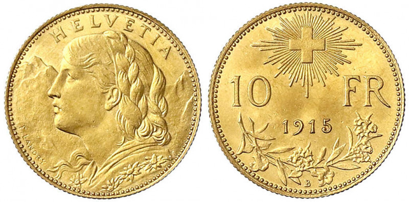 Schweiz
Eidgenossenschaft, seit 1850
10 Franken Vreneli 1915 B. 3,23 g. 900/10...