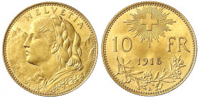 Schweiz
Eidgenossenschaft, seit 1850
10 Franken Vreneli 1915 B. 3,23 g. 900/1000.
fast Stempelglanz. Divo/Tobler 294. Friedberg 504.