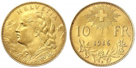 Schweiz
Eidgenossenschaft, seit 1850
10 Franken Vreneli 1916 B. 3,23 g. 900/1000.
fast Stempelglanz. Divo/Tobler 294. Friedberg 504.
