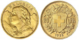 Schweiz
Eidgenossenschaft, seit 1850
20 Franken Vreneli 1922 B. 6,45 g. 900/1000.
prägefrisch. Divo/Tobler 293. Friedberg 499.