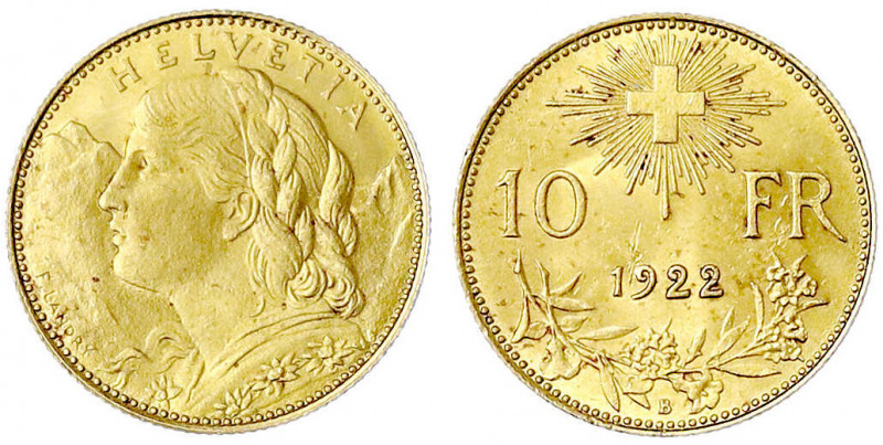 Schweiz
Eidgenossenschaft, seit 1850
10 Franken Vreneli 1922 B. 3,23 g. 900/10...