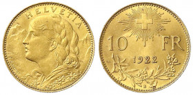 Schweiz
Eidgenossenschaft, seit 1850
10 Franken Vreneli 1922 B. 3,23 g. 900/1000.
vorzüglich/Stempelglanz. Divo/Tobler 294. Friedberg 504.