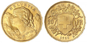 Schweiz
Eidgenossenschaft, seit 1850
20 Franken Vreneli 1926 B. 6,45 g. 900/1000. Seltenes Jahr.
fast Stempelglanz, winz. Randfehler. Divo/Tobler 2...