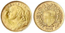 Schweiz
Eidgenossenschaft, seit 1850
20 Franken Vreneli 1935 LB. 6,45 g. 900/1000.
prägefrisch. Divo/Tobler 293. Friedberg 499.