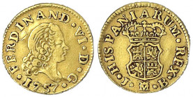 Spanien
Ferdinand VI., 1746-1759
1/2 Escudo 1757 J-B, Madrid. 1,73 g.
sehr schön, Fassungsspuren. Calicó 559.