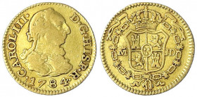 Spanien
Carlos III., 1759-1788
1/2 Escudo 1784 M-JD, Madrid. 1,77 g.
sehr schön. Calicó 1277.