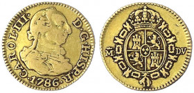 Spanien
Carlos III., 1759-1788
1/2 Escudo 1786 M-DV, Madrid. 1,75 g.
sehr schön. Krause/Mishler 425.1. Calicó 1280.