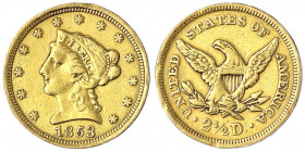 Vereinigte Staaten von Amerika
Unabhängigkeit, seit 1776
2 1/2 Dollars 1853, Philadelphia. Coronet Head. 4,18 g. 900/1000.
schön/sehr schön. Krause...