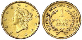 Vereinigte Staaten von Amerika
Unabhängigkeit, seit 1776
Dollar 1853, Philadelphia. Liberty Head. 1,68 g. 900/1000.
vorzüglich, kl. Randfehler. Kra...