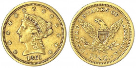 Vereinigte Staaten von Amerika
Unabhängigkeit, seit 1776
2 1/2 Dollars 1861, Philadelphia. 4,12 g. 900/1000.
sehr schön. Krause/Mishler 72.