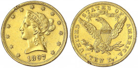 Vereinigte Staaten von Amerika
Unabhängigkeit, seit 1776
10 Dollars 1897, Philadelphia. Coronet Head. 16,72 g. 900/1000.
sehr schön, Kratzer, Randf...