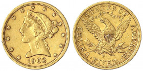 Vereinigte Staaten von Amerika
Unabhängigkeit, seit 1776
5 Dollars 1902 S, San Francisco. 8,36 g. 900/1000.
gutes sehr schön. Krause/Mishler 101. F...