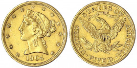 Vereinigte Staaten von Amerika
Unabhängigkeit, seit 1776
5 Dollars 1904, Philadelphia. 8,36 g. 900/1000.
vorzüglich. Krause/Mishler 101. Friedberg ...
