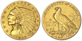 Vereinigte Staaten von Amerika
Unabhängigkeit, seit 1776
2 1/2 Dollars 1908, Philadelphia. Indian Head. 4,18 g. 900/1000.
gutes sehr schön. Krause/...