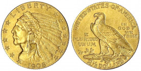 Vereinigte Staaten von Amerika
Unabhängigkeit, seit 1776
2 1/2 Dollars 1908, Philadelphia. Indian Head. 4,18 g. 900/1000.
gutes sehr schön. Krause/...