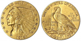 Vereinigte Staaten von Amerika
Unabhängigkeit, seit 1776
2 1/2 Dollars 1914 D, Denver. Indian Head. 4,18 g. 900/1000.
sehr schön, Druckstellen und ...
