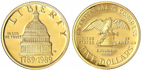 Vereinigte Staaten von Amerika
Unabhängigkeit, seit 1776
Set mit 5 Dollars 1989, Kapitol. 8,36 g. 900/1000, 1 Dollar Silber und 1/2 Dollar Cu/Ni. In...
