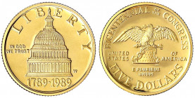 Vereinigte Staaten von Amerika
Unabhängigkeit, seit 1776
Set mit 5 Dollars 1989, Kapitol. 8,36 g. 900/1000, 1 Dollar Silber und 1/2 Dollar Cu/Ni. In...