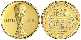 Vereinigte Staaten von Amerika
Unabhängigkeit, seit 1776
Set mit 5 Dollars 1994, Fussball WM. 8,36 g. 900/1000, 1 Dollar Silber und 1/2 Dollar Cu/Ni...
