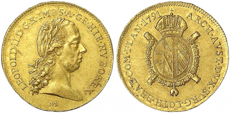 Haus Habsburg
Leopold II., 1790-1792
1/2 Sovrano 1791 M, Mailand. 5,53 g.
vor...