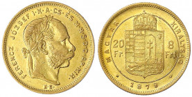 Haus Habsburg
Franz Joseph I., 1848-1916
8 Forint/20 Francs 1879 KB, für Ungarn. 6,45 g. 900/1000.
sehr schön/vorzüglich. Herinek 261.