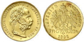 Haus Habsburg
Franz Joseph I., 1848-1916
8 Florin = 20 Franken 1892. Offizielle Neuprägung. 6,45 g. 900/1000.
prägefrisch, kl. Fleck. Herinek 251. ...