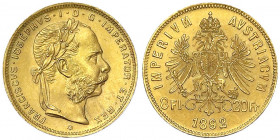 Haus Habsburg
Franz Joseph I., 1848-1916
8 Florin = 20 Franken 1892. Offizielle Neuprägung. 6,45 g. 900/1000.
prägefrisch. Herinek 251. Friedberg 4...