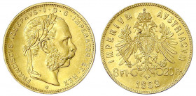 Haus Habsburg
Franz Joseph I., 1848-1916
8 Florin = 20 Franken 1892. Offizielle Neuprägung. 6,45 g. 900/1000.
prägefrisch. Herinek 251. Friedberg 4...