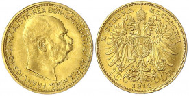 Haus Habsburg
Franz Joseph I., 1848-1916
10 Kronen 1912. Offizielle Neuprägung. 3,39 g. 900/1000.
prägefrisch. Herinek 391.